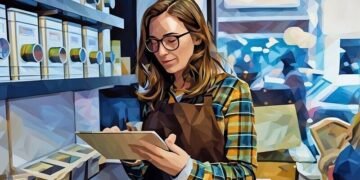 A retail entrepreneur standing in her store using a tablet to control inventory levels as an example of a forward thinking retail business