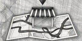 A GPS pin dropped above the image of a shop coming out of digital map, showing local businesses