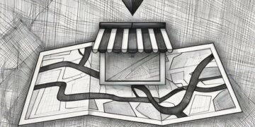 A GPS pin dropped above the image of a shop coming out of digital map, showing local businesses