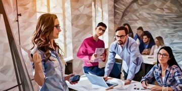 A CEO leaning over a desk talking to his team