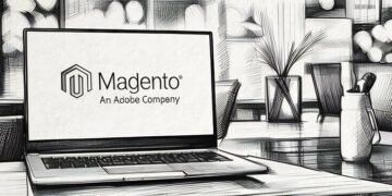 A laptop with the Magento logo showing on the screen