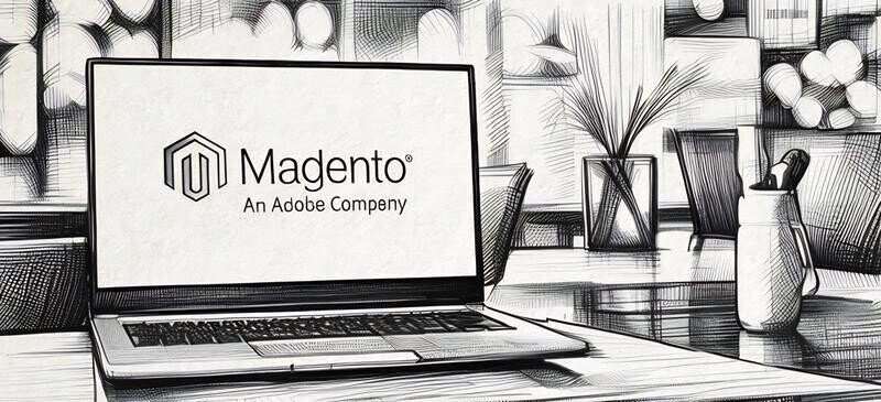 A laptop with the Magento logo showing on the screen