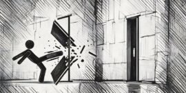 A person breaking through a door to progress in business