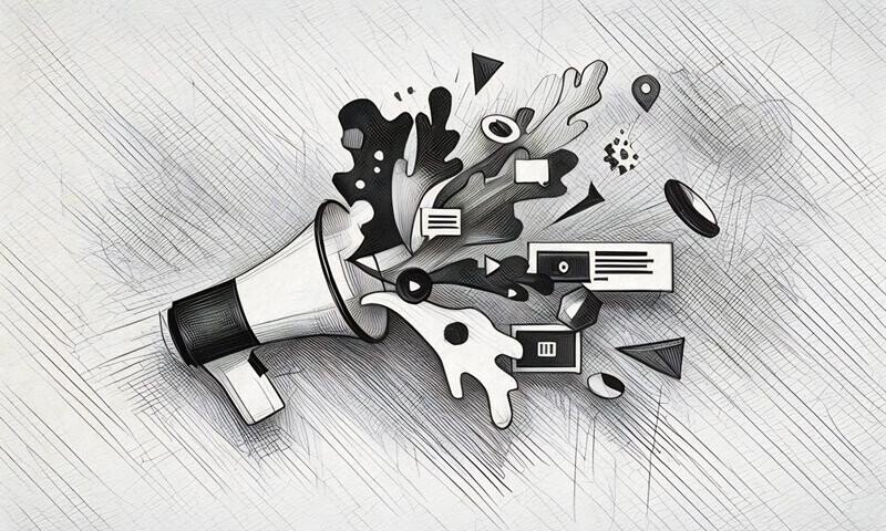A megaphone with social media tools blasting out of it