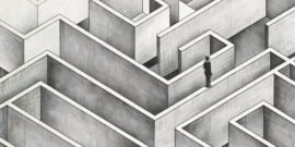 A man standing on top of a maze, looking for the way out, showing a clear direction to succeeding