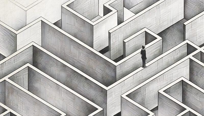 A man standing on top of a maze, looking for the way out, showing a clear direction to succeeding