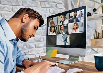 An employee sitting at his computer participating in an online training session