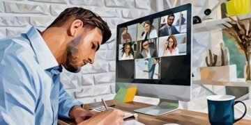 An employee sitting at his computer participating in an online training session