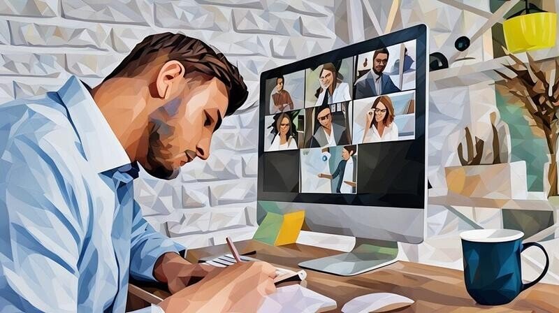 An employee sitting at his computer participating in an online training session