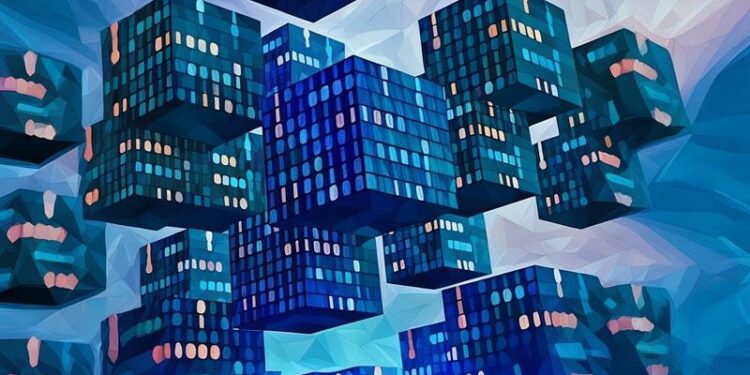 Visual representation of blockchain using cubes and binary