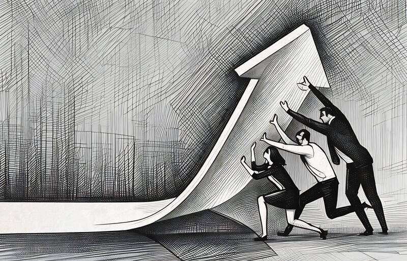 A group of people lifting up a growth arrow to the sky