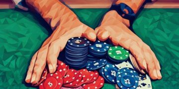 A closelup of a mans hands pushing poker chips into a table