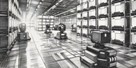 A series of robots running around a warehouse, organising for intake, storage and delivery