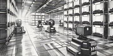 A series of robots running around a warehouse, organising for intake, storage and delivery