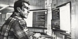 A man addressing system vulnerabilities via his multiple computer screens filled with code