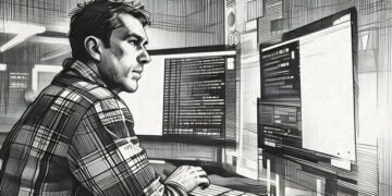 A man addressing system vulnerabilities via his multiple computer screens filled with code