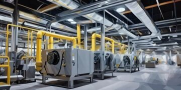 Industrial HVAC system blowing air out a commercial building