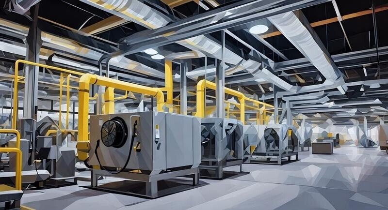 Industrial HVAC system blowing air out a commercial building