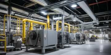 The complexity of an industrial HVAC unit is highlighted against the backdrop of a spacious warehouse