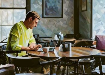 Man working out a pub with a cup of coffee next to him while he remote works