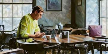 Man working out a pub with a cup of coffee next to him while he remote works