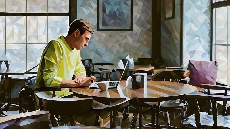 Man working out a pub with a cup of coffee next to him while he remote works