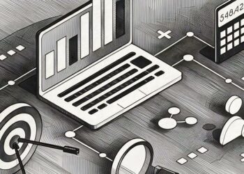 A laptop on a blue background surrounded by different marketing methods including data based marketing, experience marketing and more