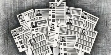 A series of job applications offered by the hands of different people with the recruiter selecting one