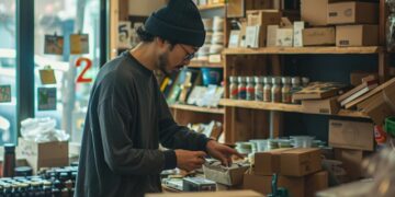 A young man diligently organizing products in a cozy, cluttered store filled with various items and boxes