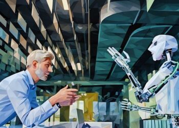 A colleauge teaching a robot colleague how to be more productive