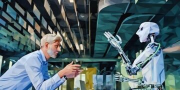A colleauge teaching a robot colleague how to be more productive