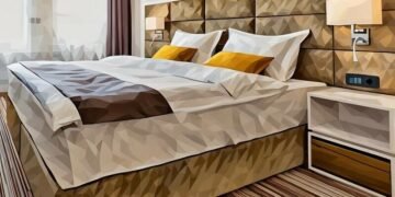A hotel bed and bed frame