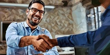 A happy entrepreneur shaking hands with his companies buyer to seal the deal