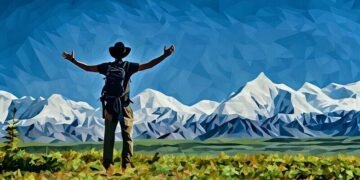 A man standing with mountains before him hands raised in the air, celebrating his sabbatical for being a CEO