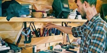 A small business owner in his workshop, selecting which tools to use in his current construction project