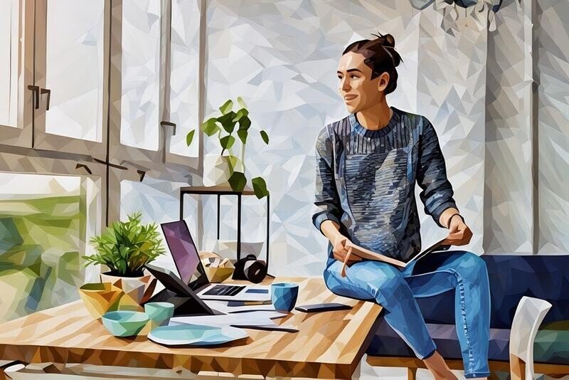 A creative freelancer sitting on their desk in a casual way