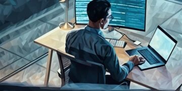 Overlooking a coder utilising his screens to work on programs