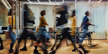 A busy office where employees are blurred as they rush through the office