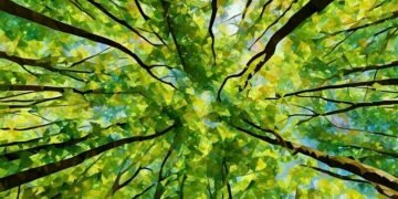 Looking up at the top of green trees