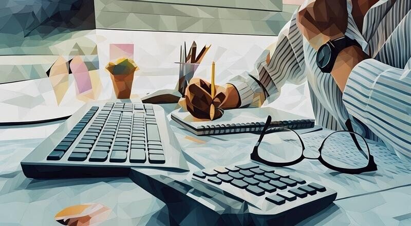 A manager exploring insurance options for their business on paper pad, with computer and calculator in the background