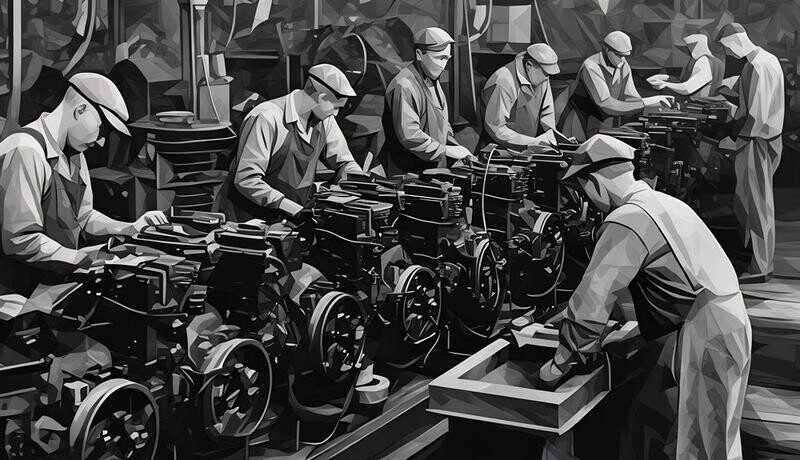 A 19th century factory, workers on the line