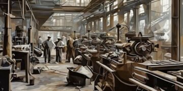 A scene of a factory in the 19th century, with foremen running the workshop, antitheses of modern HR (i.e. Henry Ford)