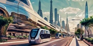 A futuristic tram system in the middle east that runs on roads, with silver buildings and cars