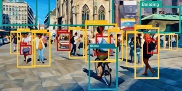A city scene with optical recognition boxes over people, showing machine learning in process