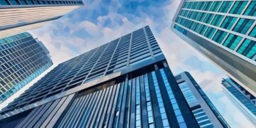 Shot of the top of office skyscrapers in the London legal district near chancery lane