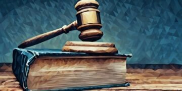 A legal gavel sitting on top of a British commercial law book