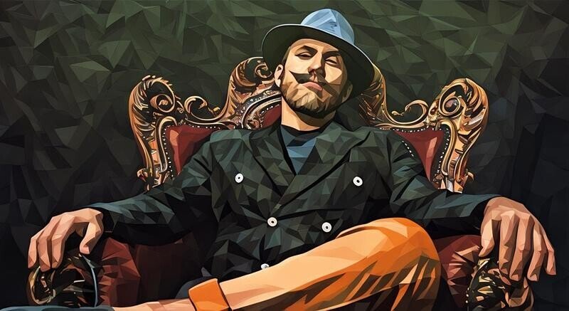 A man with a prominent mustache and being well dressed sitting in a modern kings chair