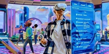 A VR lounge where many business people are exploring the metaverse