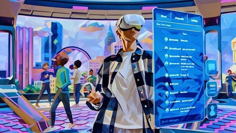 A VR lounge where many business people are exploring the metaverse