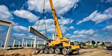 A crane lifting a huge steel beam on a commercial construction site